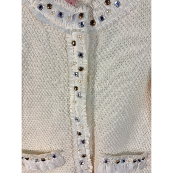 Ruby Rd Petite White Embellished Cardigan Ruffle Trim Pearl Crystal PM Sweater - Picture 4 of 7
